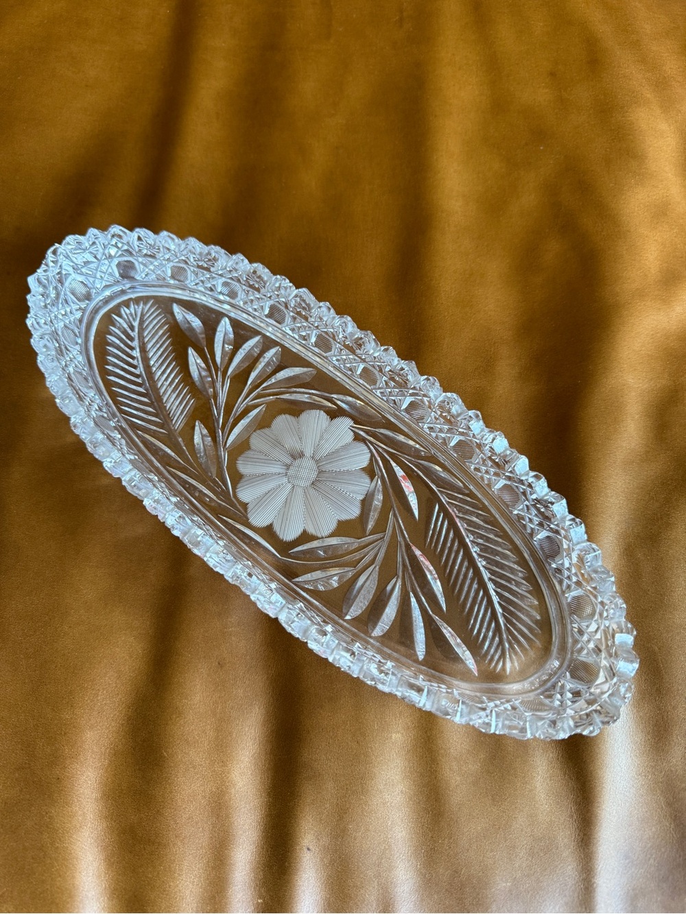 Antique ABP American Brilliant Cut Crystal 12” Celery Relish Tray Floral Oval